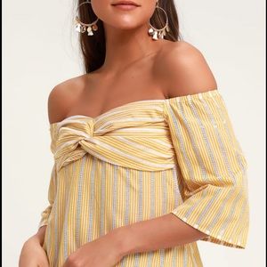 Yellow Striped Knot Front off the Shoulder Top